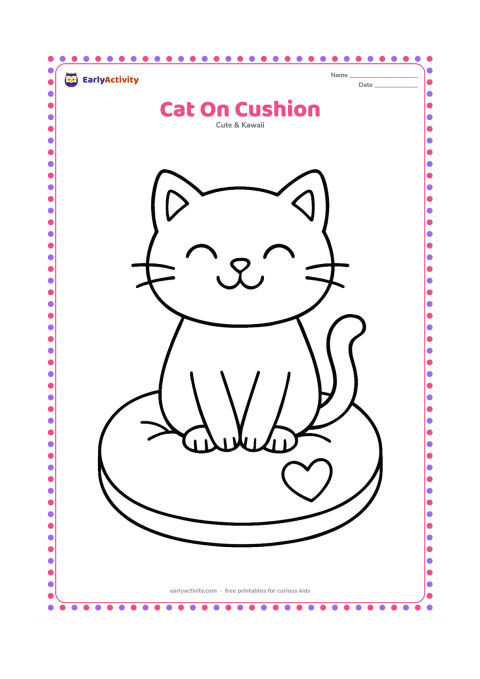 Colouring page: Draw a contented cat sitting on a large round cushion with its paws together and tail curled at the side. Add two simple cushion tufts and a small heart-shaped patch with no writing.