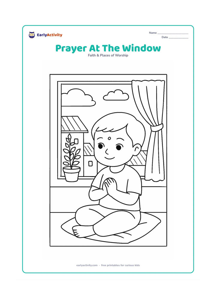 Colouring page: A child sits on a cushion with folded hands near an open window, showing rooftops, a potted tulsi plant, and morning clouds outside.