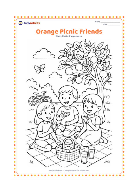 Colouring page: Draw three children at a park picnic sharing orange slices, with a basket, juice glasses and a blanket beneath a flowering orange tree. Include distant shrubs, butterflies and a bicycle,…