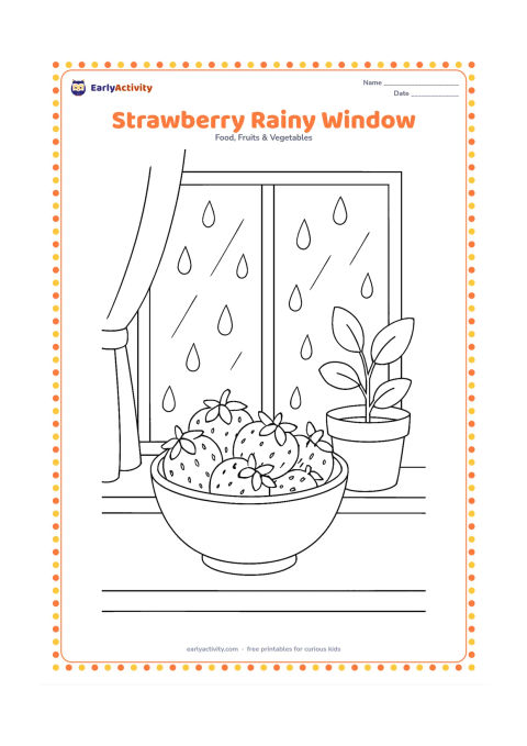 Colouring page: Draw a bowl of strawberries on an indoor windowsill, with large raindrops on the window, a potted plant, and a simple curtain around the frame.