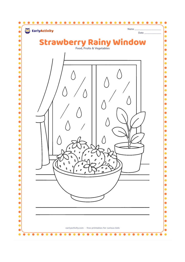 Colouring page: Draw a bowl of strawberries on an indoor windowsill, with large raindrops on the window, a potted plant, and a simple curtain around the frame.