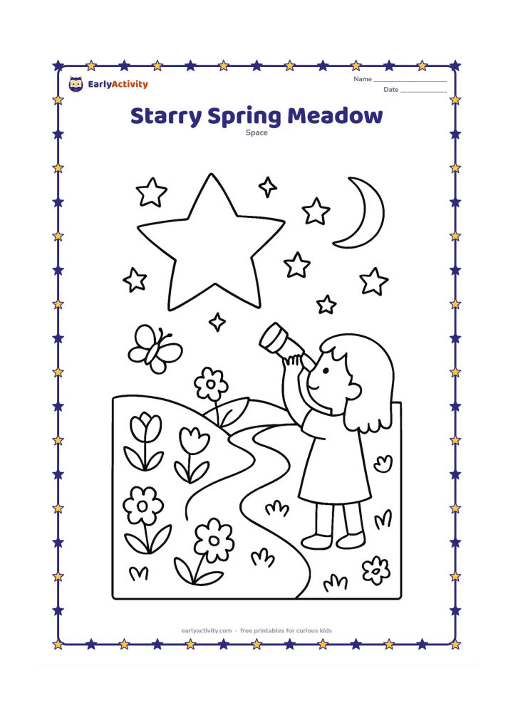 Colouring page: A large star and several smaller stars hover above a spring meadow with flowering plants, butterflies, a winding path and a child holding a small telescope. Include a thin crescent Moon.