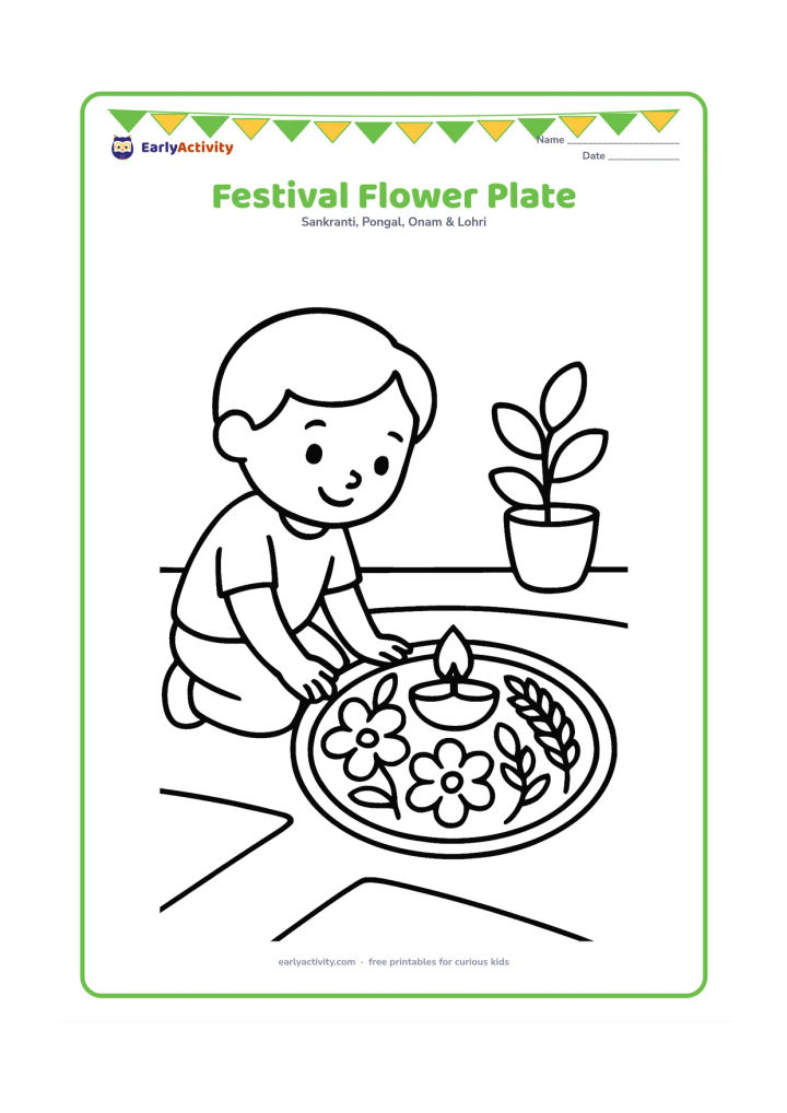 Colouring page: A child kneels beside a round plate arranged with large flowers, wheat ears and a small diya-like lamp. Add a few broad floor patterns and one potted plant near the edge.