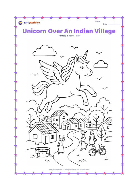 Colouring page: Draw one flying unicorn above an Indian village with small tiled-roof homes, a winding road, trees, a water well, a bicycle, and people walking with baskets. Add clouds and birds in the sky.