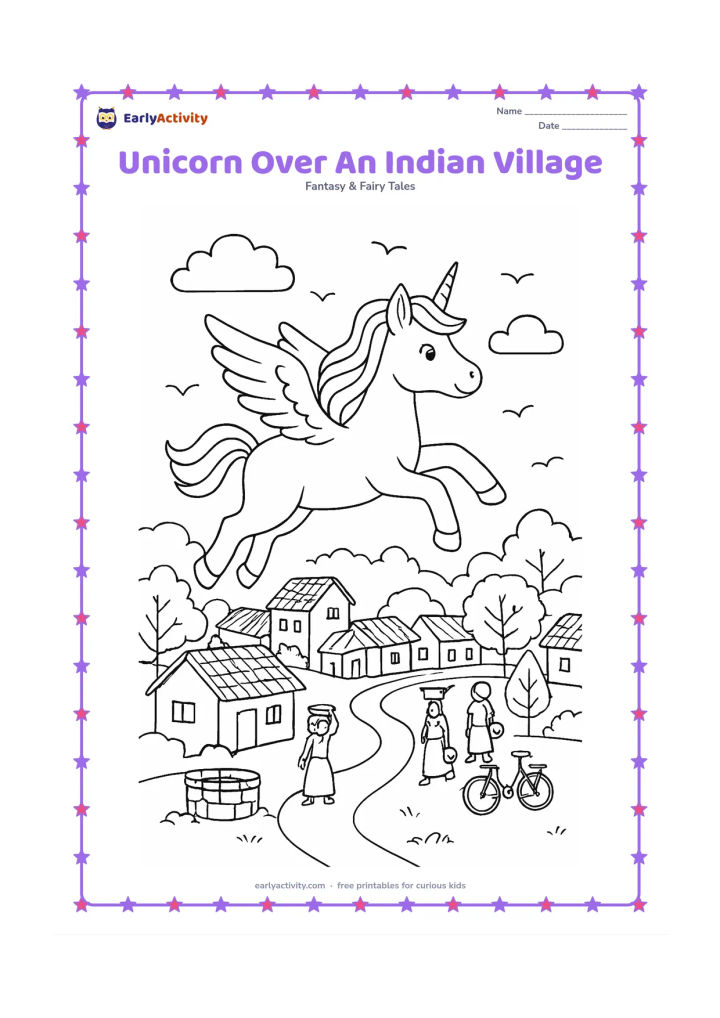 Colouring page: Draw one flying unicorn above an Indian village with small tiled-roof homes, a winding road, trees, a water well, a bicycle, and people walking with baskets. Add clouds and birds in the sky.