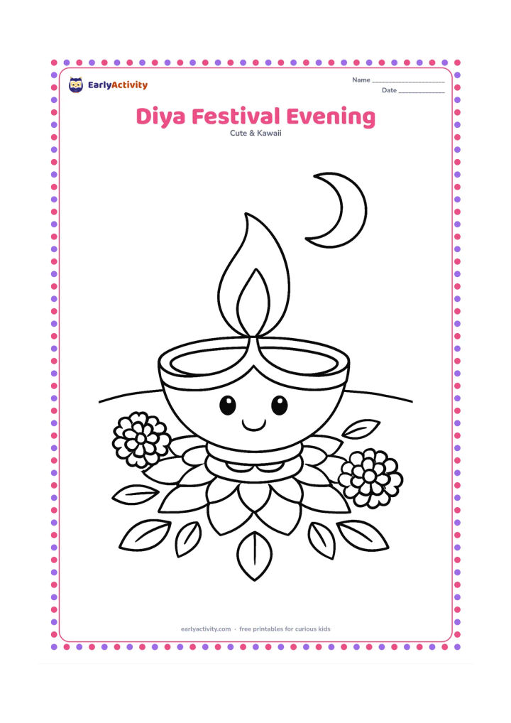 Colouring page: A smiling clay diya lamp sits on a decorated rangoli circle with simple symmetrical petals and leaves around it. Place two marigold flowers nearby and show a calm evening sky with a…