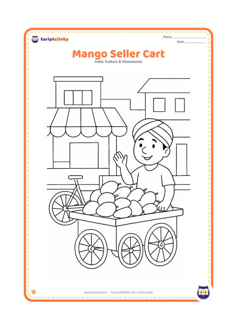 Colouring page: Draw a friendly vendor beside a small handcart piled with mangoes on an Indian market street. Include a bicycle, a striped awning and simple shopfront shapes, but no signs or lettering.