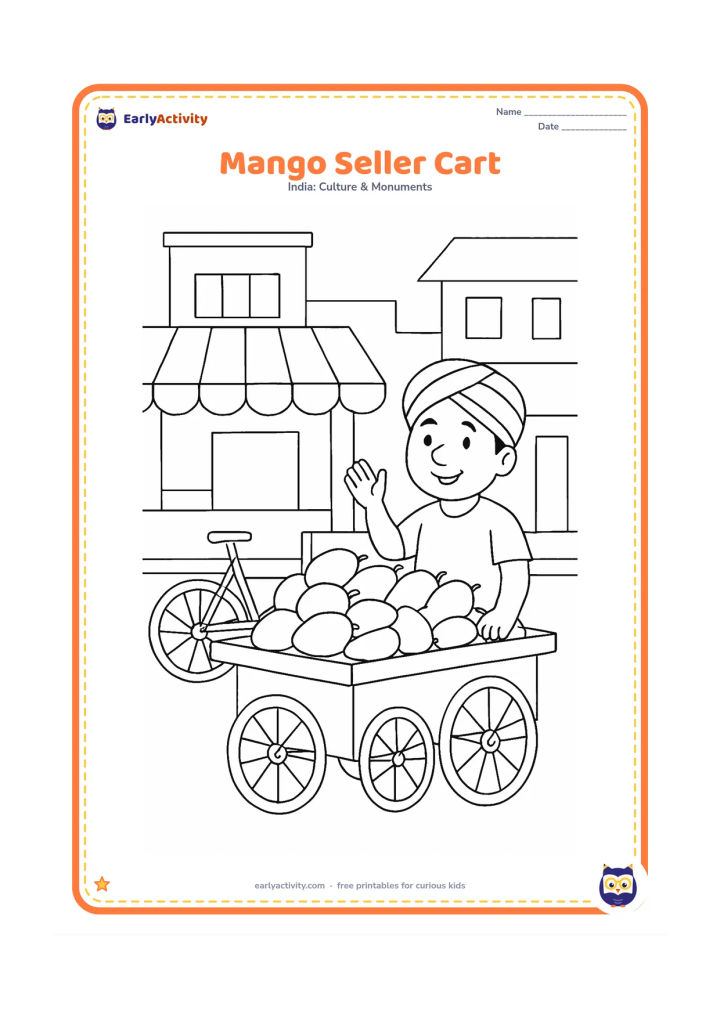 Colouring page: Draw a friendly vendor beside a small handcart piled with mangoes on an Indian market street. Include a bicycle, a striped awning and simple shopfront shapes, but no signs or lettering.