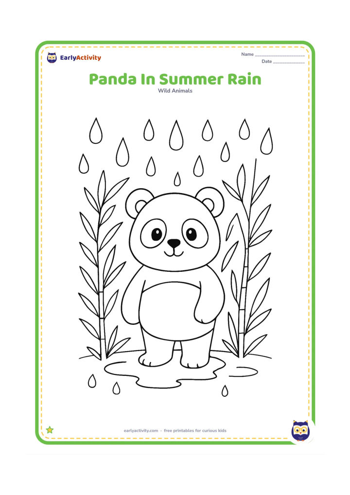 Colouring page: Draw a panda standing among bamboo during a gentle rain shower, with large raindrops, leafy stalks and a small puddle under its paws.