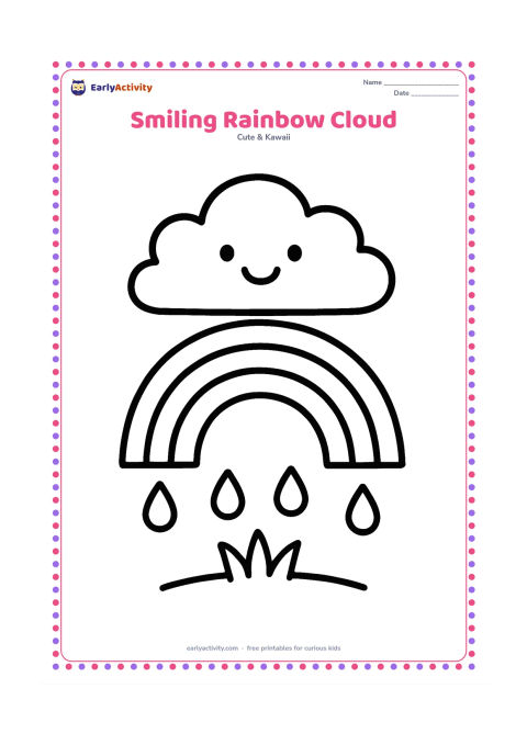 Colouring page: A happy cloud floats above a curved rainbow with a few rounded raindrops falling below it. Leave large open spaces in the cloud, rainbow bands and drops, with only a simple patch of…