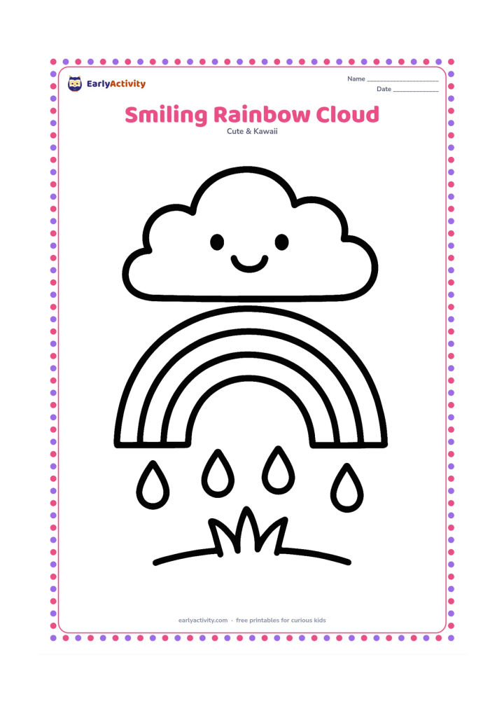 Colouring page: A happy cloud floats above a curved rainbow with a few rounded raindrops falling below it. Leave large open spaces in the cloud, rainbow bands and drops, with only a simple patch of…