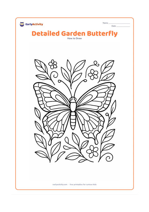 Worksheet: Show a large front-facing butterfly with a carefully balanced body, head, antennae, four wings, layered wing edges and repeated curved patterns. Place it among detailed leaves, small…