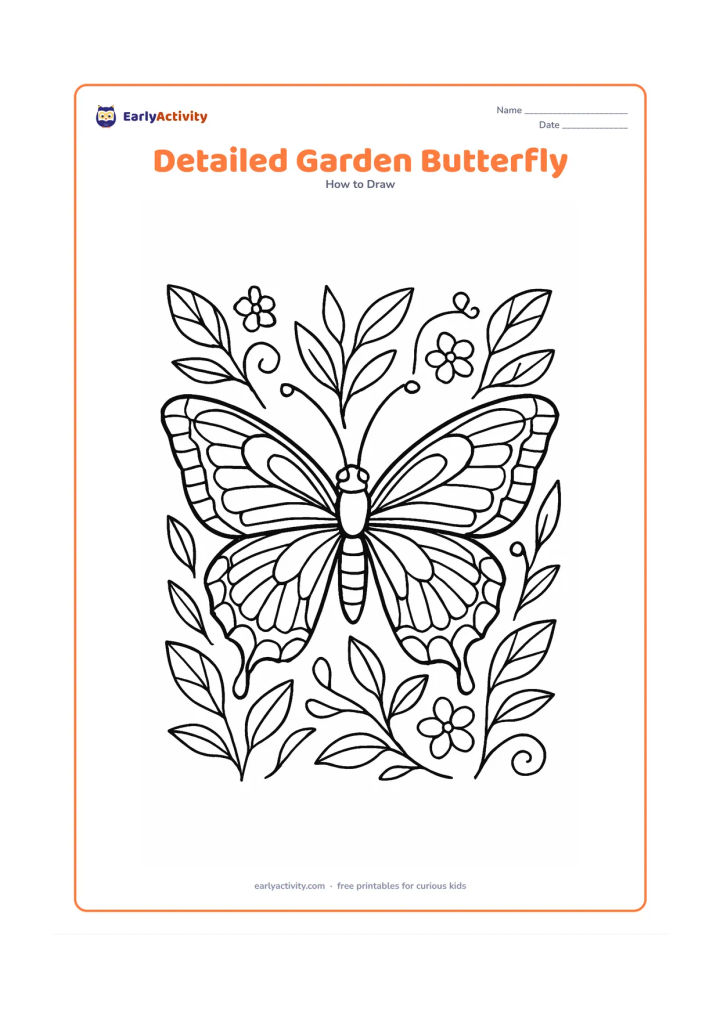 Worksheet: Show a large front-facing butterfly with a carefully balanced body, head, antennae, four wings, layered wing edges and repeated curved patterns. Place it among detailed leaves, small…