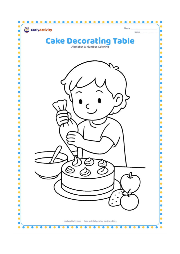 Colouring page: A child decorates a round cake on a kitchen table using a piping bag, with a bowl, spoon, and a few large fruit pieces nearby. Show icing swirls without any words or letter shapes.