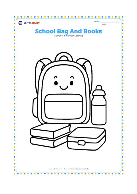 Colouring page: A cheerful school bag stands beside two stacked books, a lunch box and a simple water bottle. Show the bag front-on with large pockets and straps, but leave every object free of writing,…