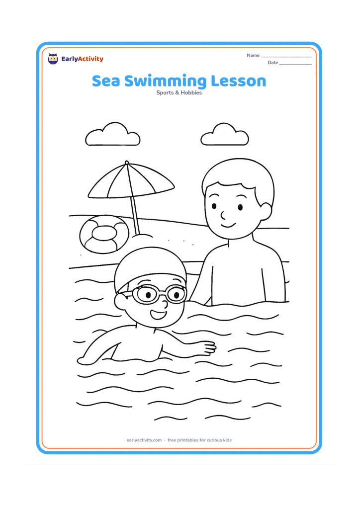 Colouring page: A child swims in calm shallow sea water beside an adult, with a bright swim cap and goggles. Include a sandy beach, gentle waves, a lifebuoy and a beach umbrella, with no text or symbols.