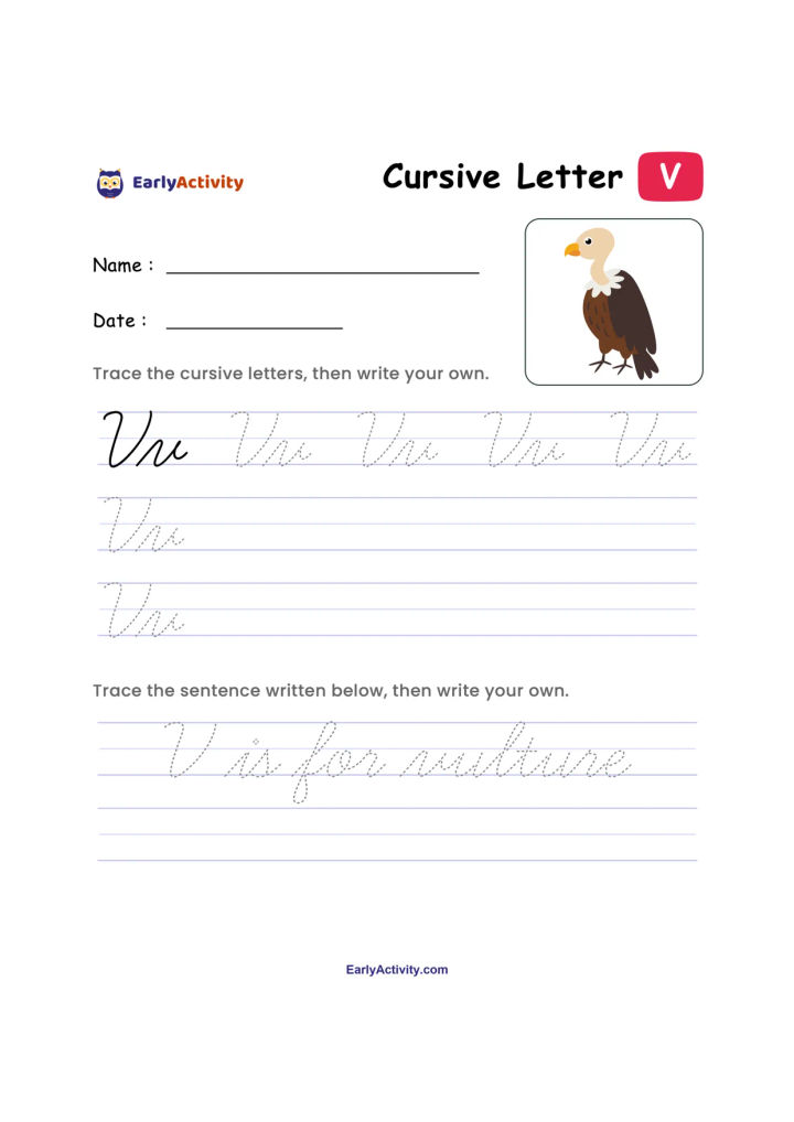 Worksheet with cursive letter V tracing lines, a bird illustration, name and date fields, and the sentence “V is for vulture.”