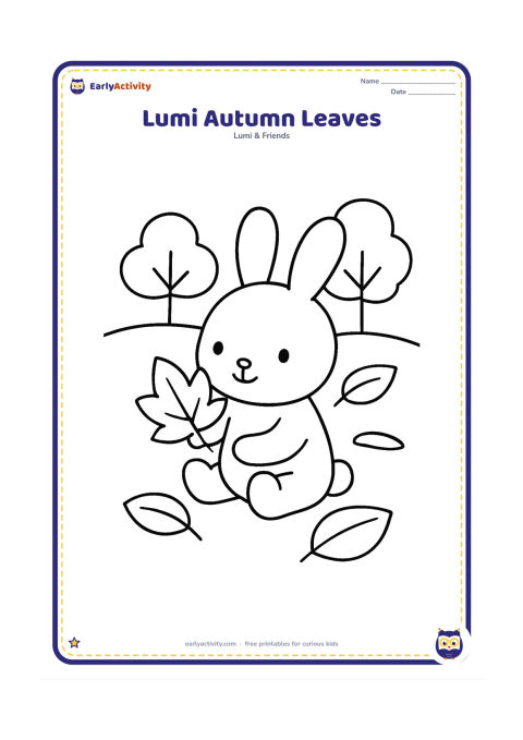 Colouring page: Lumi sits on the ground holding one large falling leaf, with a few oversized leaves scattered around and two simple trees behind. Show a gentle autumn scene without tiny leaf clusters.