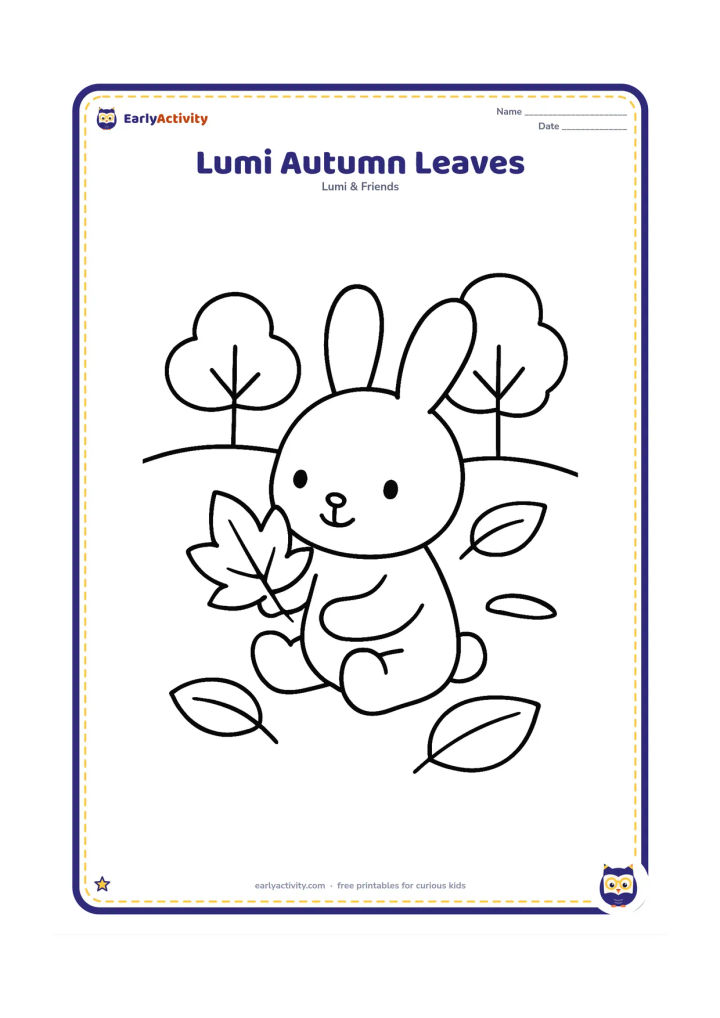 Colouring page: Lumi sits on the ground holding one large falling leaf, with a few oversized leaves scattered around and two simple trees behind. Show a gentle autumn scene without tiny leaf clusters.
