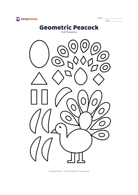 Worksheet: Design a peacock from many separate geometric craft outlines: an oval body, triangle beak, rectangle legs, a fan of alternating eyes and diamonds, and layered feather pieces. Place the…