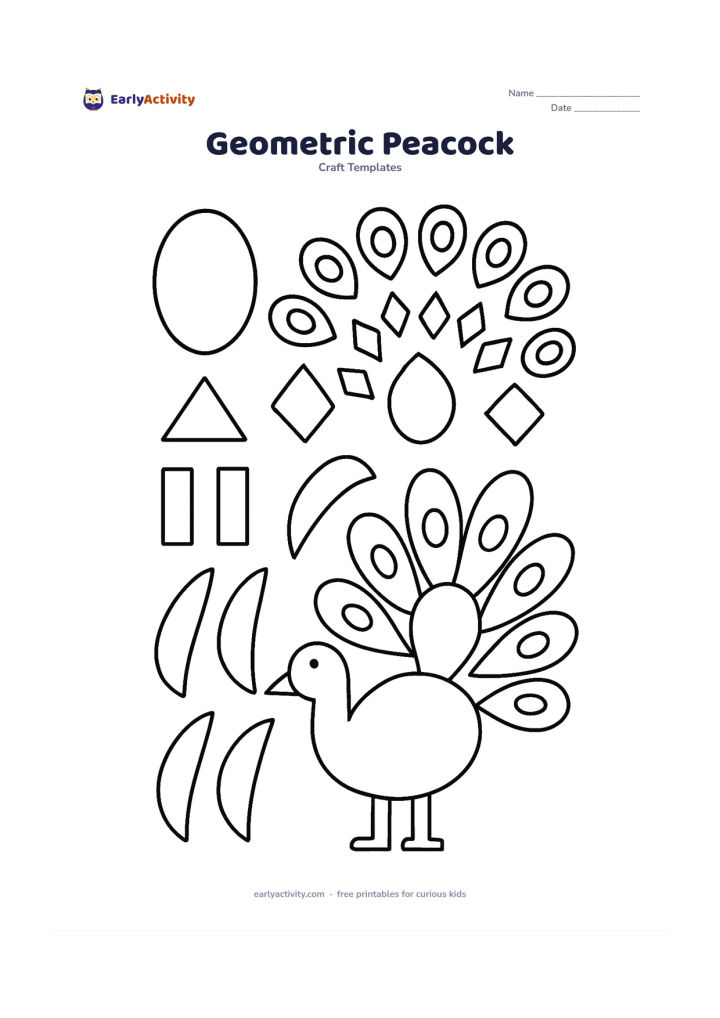 Worksheet: Design a peacock from many separate geometric craft outlines: an oval body, triangle beak, rectangle legs, a fan of alternating eyes and diamonds, and layered feather pieces. Place the…