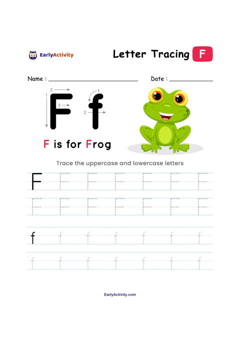 Alphabet tracing worksheet with uppercase and lowercase F letters, the word frog, and a smiling green frog illustration.