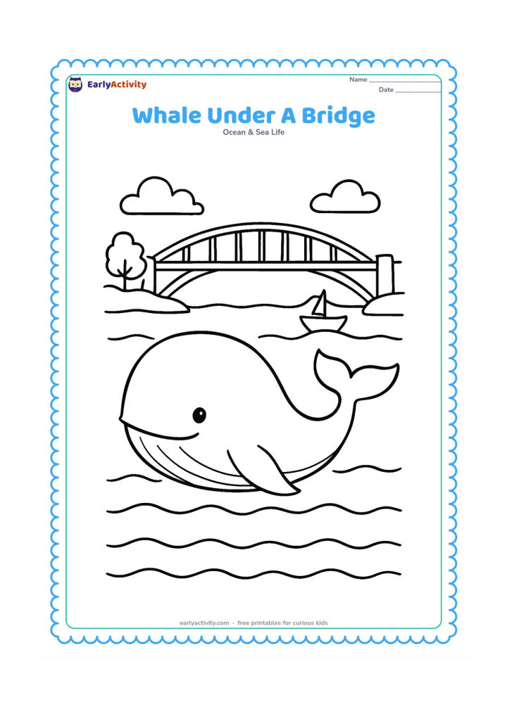 Colouring page: Draw a whale swimming in water beneath a simple coastal bridge, with distant shore trees, a small boat, and broad wave lines. Keep the bridge in the background and the whale prominent.