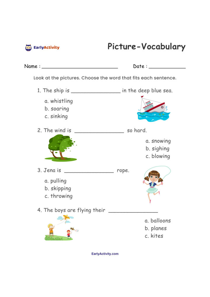 Worksheet with four picture vocabulary questions about a sinking ship, blowing wind, pulling a rope, and flying kites.