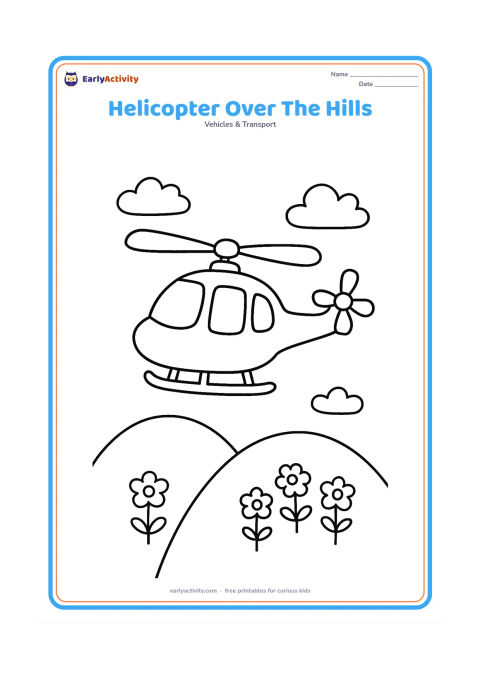 Colouring page: Draw a helicopter flying above two rounded hills with a few simple flowers and clouds below. Show the full helicopter, large rotor blades, tail rotor and clear windows.