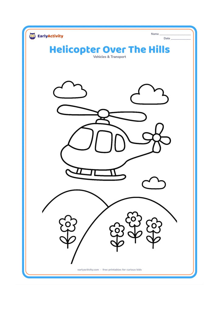 Colouring page: Draw a helicopter flying above two rounded hills with a few simple flowers and clouds below. Show the full helicopter, large rotor blades, tail rotor and clear windows.