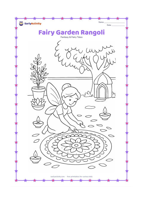 Colouring page: A fairy places flower petals around a large circular rangoli pattern in an Indian garden courtyard. Add small lamps, potted tulsi-like greenery, a mango tree, a lotus bowl and a fairy…