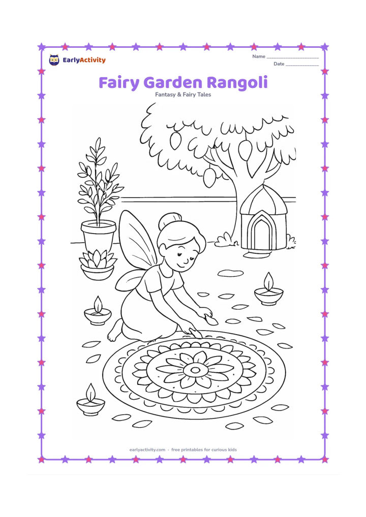 Colouring page: A fairy places flower petals around a large circular rangoli pattern in an Indian garden courtyard. Add small lamps, potted tulsi-like greenery, a mango tree, a lotus bowl and a fairy…