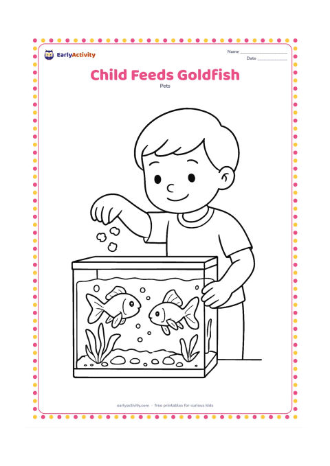 Colouring page: Draw a child standing beside a home aquarium and gently sprinkling a few large food flakes toward two goldfish. Show the tank with plants, bubbles and gravel, and keep the child's face…