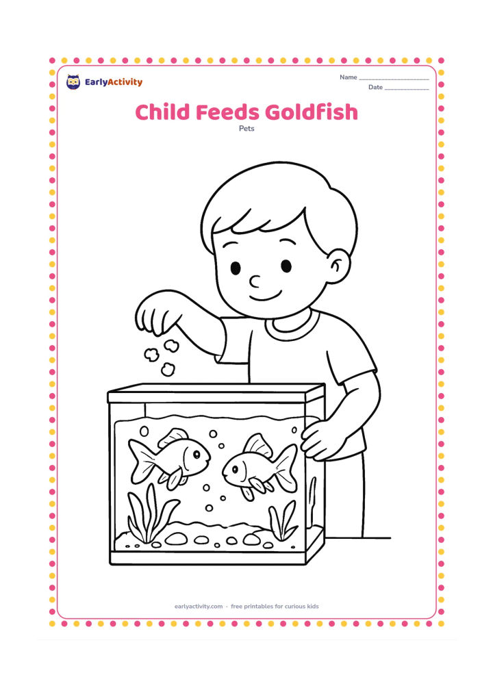 Colouring page: Draw a child standing beside a home aquarium and gently sprinkling a few large food flakes toward two goldfish. Show the tank with plants, bubbles and gravel, and keep the child's face…