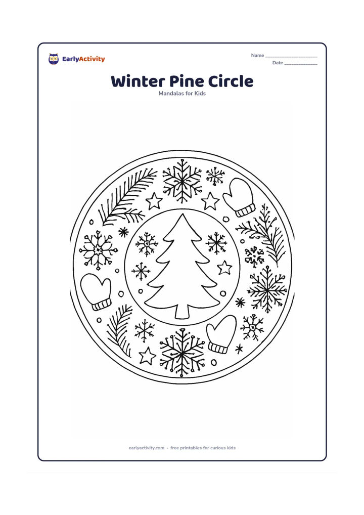 Colouring page: A detailed circular mandala with a pine tree at the centre, surrounded by repeated pine branches, snowflakes, mittens, stars and curved winter bands. Make the snowflakes varied but…