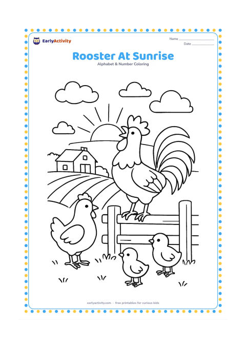 Colouring page: Draw a rooster standing on a low farm fence and crowing toward a rising sun, with a hen, two chicks and a small farmhouse behind it. Include a few clouds and distant crop rows.