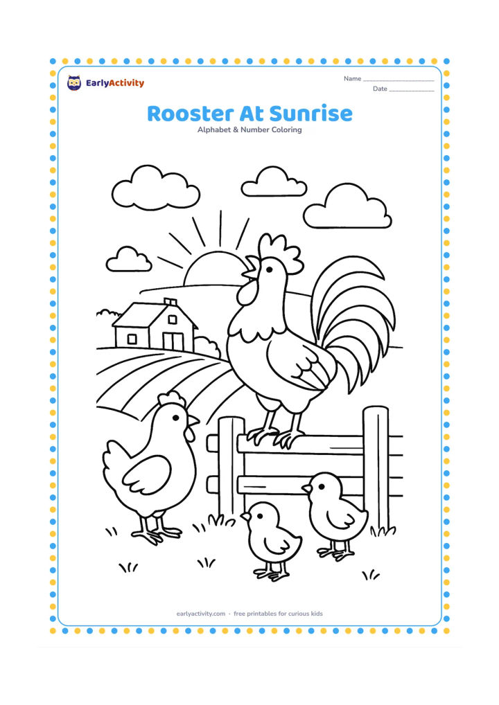 Colouring page: Draw a rooster standing on a low farm fence and crowing toward a rising sun, with a hen, two chicks and a small farmhouse behind it. Include a few clouds and distant crop rows.