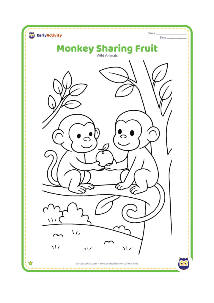 Colouring page: Draw two monkeys sitting on a branch while one offers a round fruit to the other. Add a fruit tree, several leaves and a small woodland clearing.
