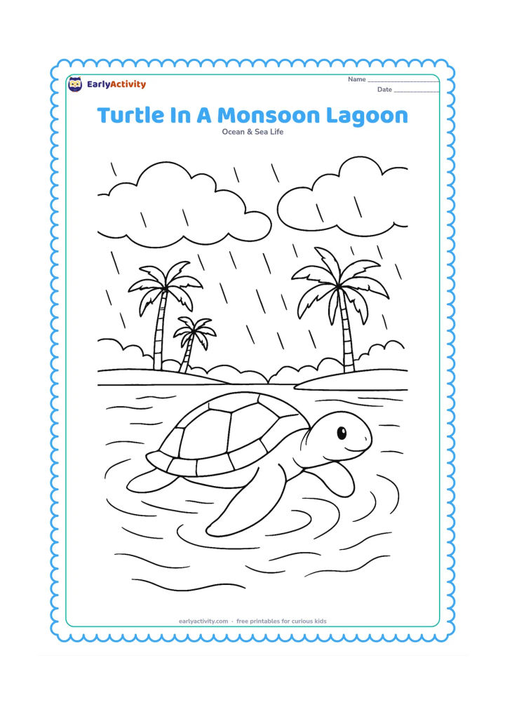 Colouring page: Draw a sea turtle swimming in a sheltered Indian coastal lagoon during light rain, with broad rain clouds, palm trees in the distance, and ripples on the water.