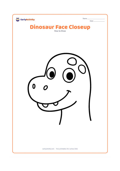 Worksheet: Show a friendly dinosaur face filling the page, built from a large head shape, big eyes, a rounded snout, gentle teeth, and a few large scales. Present the features in separate unlabeled…