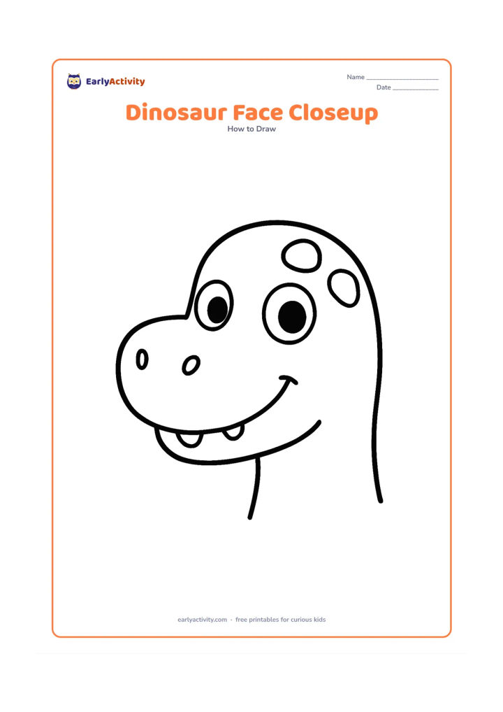 Worksheet: Show a friendly dinosaur face filling the page, built from a large head shape, big eyes, a rounded snout, gentle teeth, and a few large scales. Present the features in separate unlabeled…