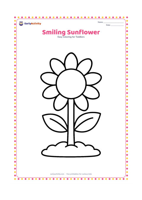 Colouring page: Draw one large sunflower with a round center, broad petals and a simple stem with two leaves. Place it in a small patch of soil.
