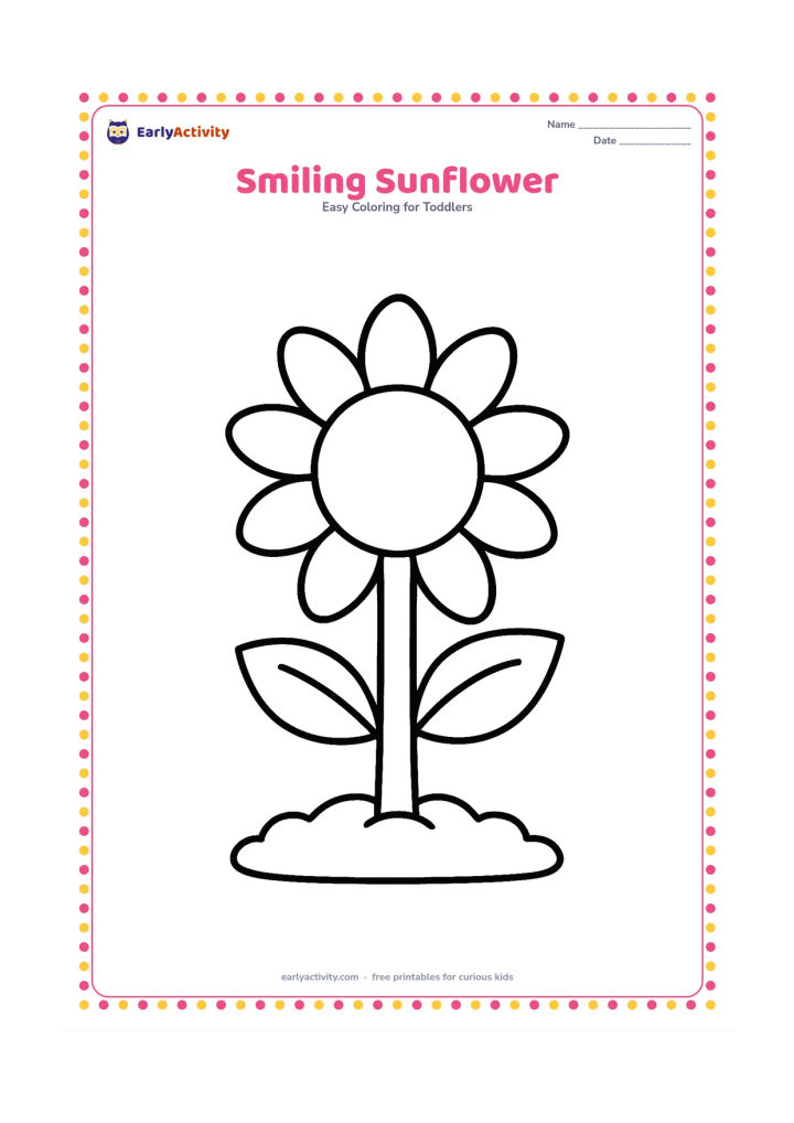 Colouring page: Draw one large sunflower with a round center, broad petals and a simple stem with two leaves. Place it in a small patch of soil.