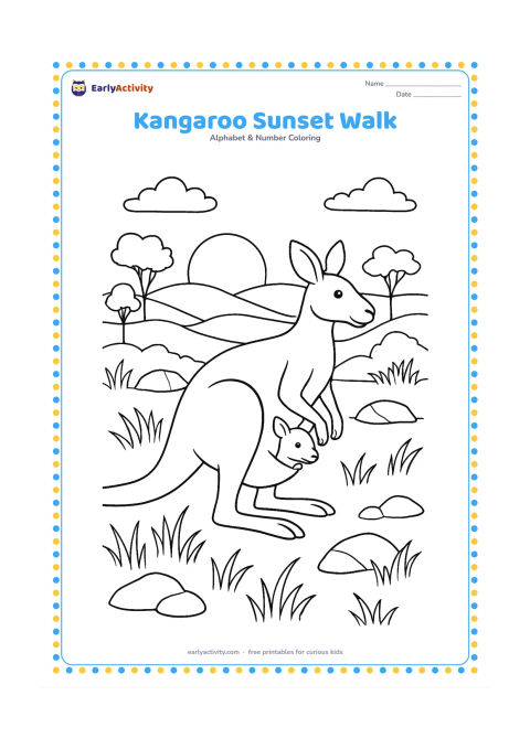 Colouring page: A kangaroo and its joey travel across a rocky Australian plain at sunset, with the joey partly visible in the pouch. Add layered hills, eucalyptus silhouettes, long grass and a few…