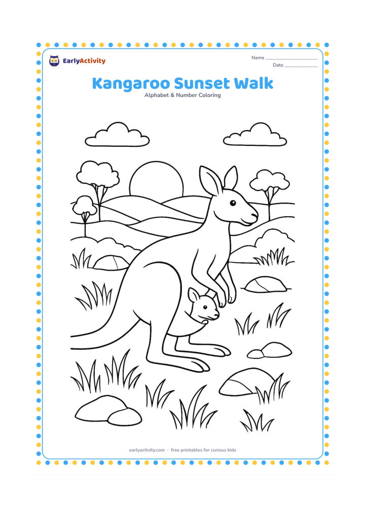 Colouring page: A kangaroo and its joey travel across a rocky Australian plain at sunset, with the joey partly visible in the pouch. Add layered hills, eucalyptus silhouettes, long grass and a few…