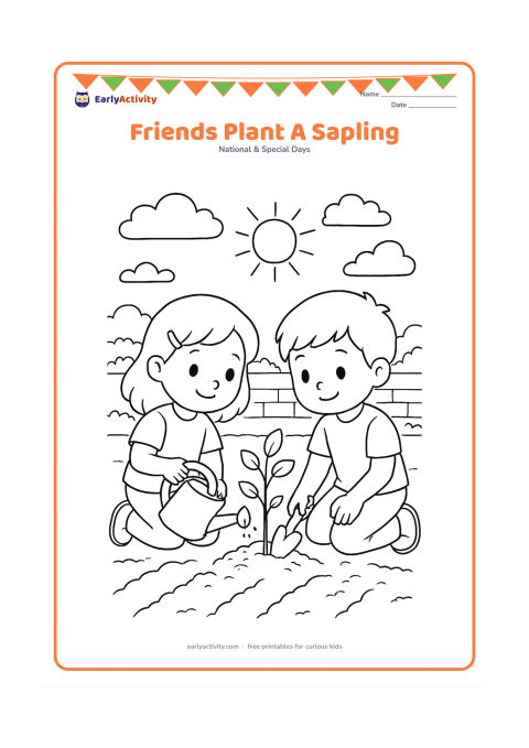 Colouring page: Draw two children carefully planting a small sapling together in a community garden. Include a hand trowel, a water pot, garden rows, a low wall and a warm afternoon sky.