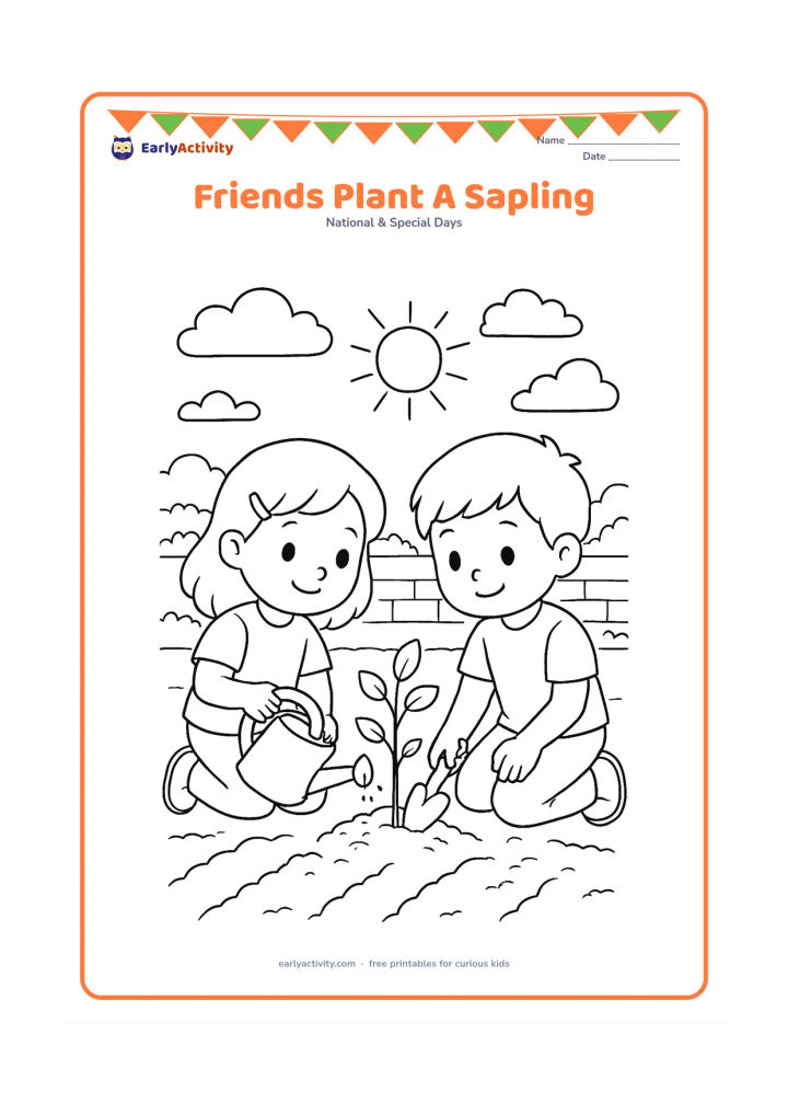 Colouring page: Draw two children carefully planting a small sapling together in a community garden. Include a hand trowel, a water pot, garden rows, a low wall and a warm afternoon sky.