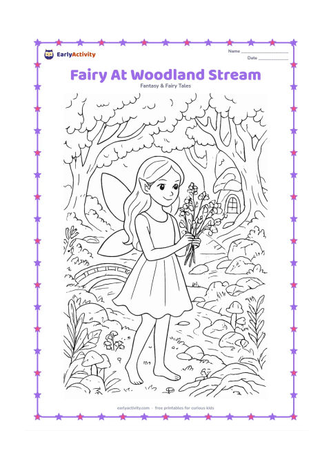 Colouring page: A standing fairy gathers wildflowers beside a winding woodland stream. Fill the scene with a small bridge, mossy rocks, ferns, mushrooms, twisting roots and a fairy house partly hidden…