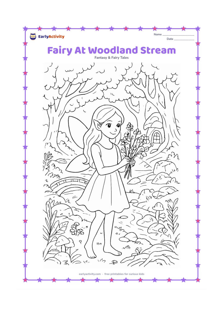 Colouring page: A standing fairy gathers wildflowers beside a winding woodland stream. Fill the scene with a small bridge, mossy rocks, ferns, mushrooms, twisting roots and a fairy house partly hidden…