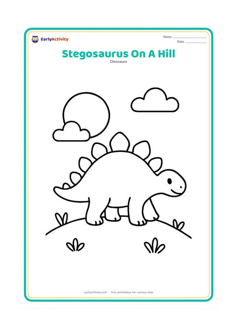 Colouring page: Draw a stegosaurus walking over a smooth low hill with a large sun behind it. Add two simple clouds and a few short plants along the hill.